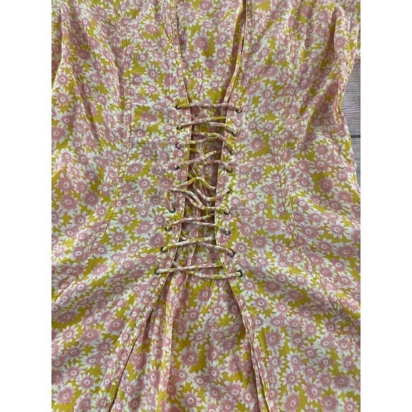 Free People Women's Yellow Floral Lace Up Mini Dress - Medium - Picture 13 of 14